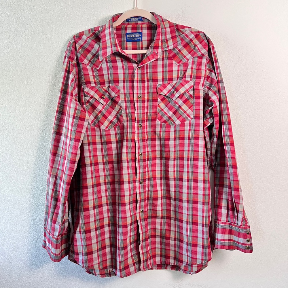 Pendleton Frontier Shirt Red Checkered Cotton Blend Long Sleeves Shirt‎ Large